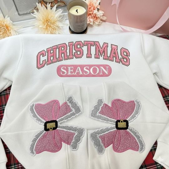 Christmas Season Embroidered Sweatshirt, Christmas Pink Side Bow Shirt, Bow Sweatshirt Christmas, Christmas Crewneck Bows, Winter Gift