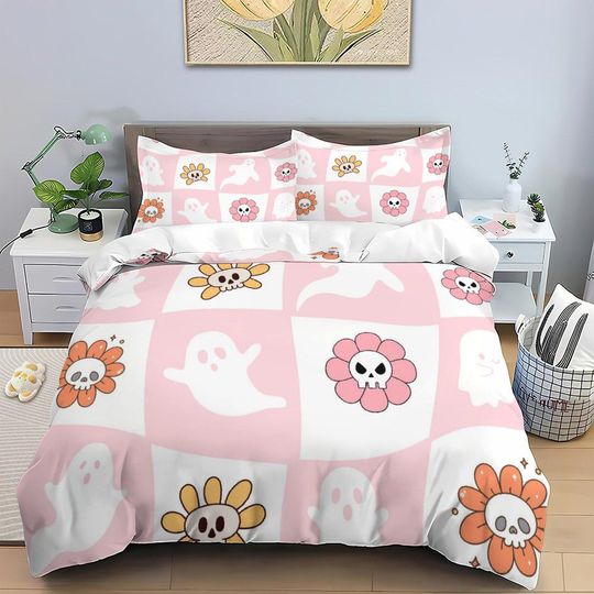 Discover Pink Halloween Sheets,Halloween Duvet Cover set,Bed 3 Piece Set,Halloween Bedding,Ghosts Bedding,Pumpkins Bats Ghosts Queen King Duvet