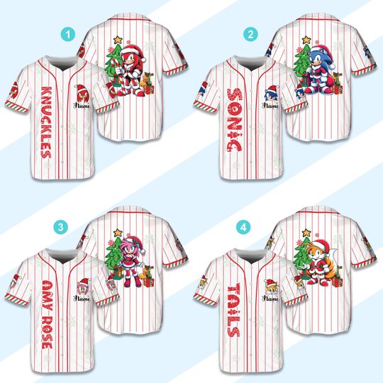 Discover Personalized Xmas Sonic the Hedgehog Baseball Jersey Custom Sonic Jersey Sonic Shirt Christmas Jersey Sonic Party Outfit For Kid & Sonic Fan