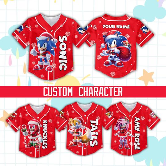 Discover Personalized Xmas Sonic the Hedgehog Baseball Jersey Custom Sonic Jersey Sonic Shirt Christmas Jersey Sonic Party Outfit For Kid & Sonic Fan