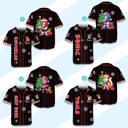 Discover Personalized Xmas Sonic the Hedgehog Baseball Jersey Custom Sonic Jersey Sonic Shirt Christmas Jersey Sonic Party Outfit For Kid & Sonic Fan