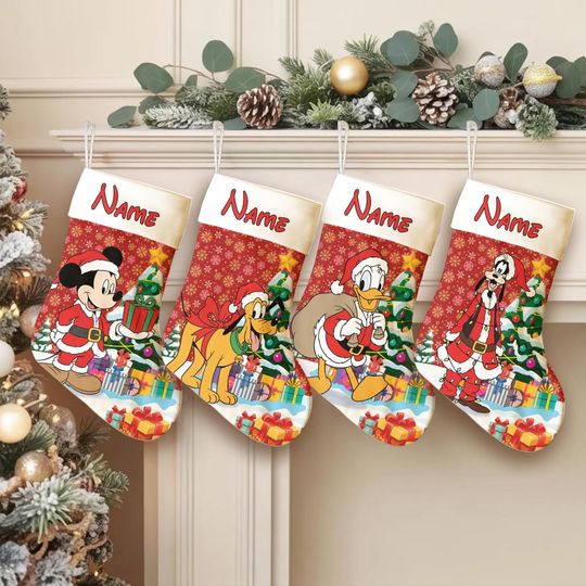 Discover Personalized Multi-character Mickey & Friends Christmas Stockings, Disney Family Christmas Gifts,Xmas Stocking With Family Name