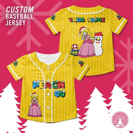 Custom Princess Peach Super Mario Christmas Baseball Jersey, Mario Matching Family Shirt, Mario Birthday Shirt, Universal Studio Trip Shirt