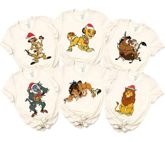 Discover The Lion King Christmas Lights Characters Group Shirt, Disney Simba Pumbaa Timon Christmas Shirt, Disneyland Christmas Family Matching Shirt