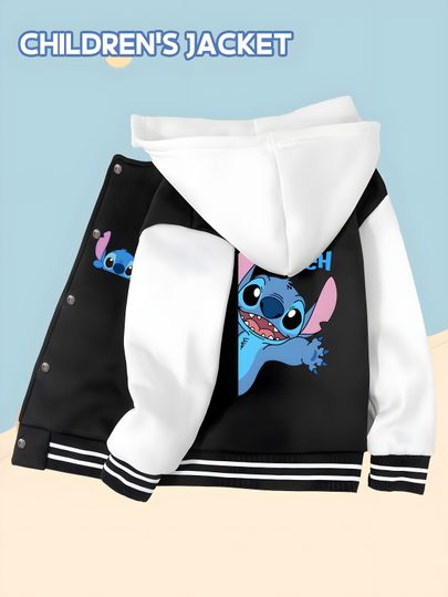 Discover MINISO Disney Stitch Kids Boys Baseball Jacket - Black and White Splicing, Exquisite Printing, Not Easy to Fall Off, Comfortable