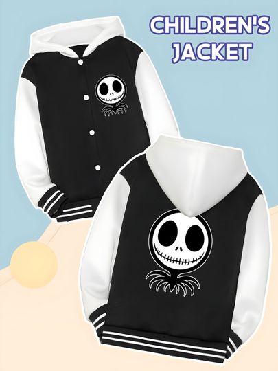 Discover MINISO Disney Nightmare Before Christmas themed children's baseball jacket for boys - Jack skull print,versatile and fashionable