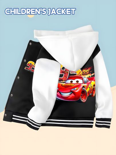 Discover MINISO Disney Cars Baseball Jacket for Boys - Double-sided Lightning McQueen print, perfect for fall and winter school wear
