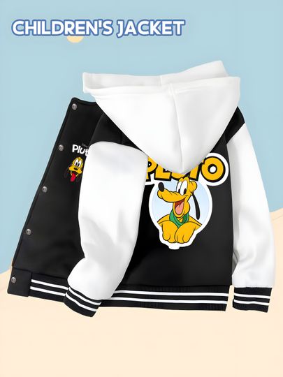 Discover MINISO Disney Boys' Baseball Jacket - Cute Pluto Print, Double-sided Graphic Design, Versatile, Casual, and Trendy
