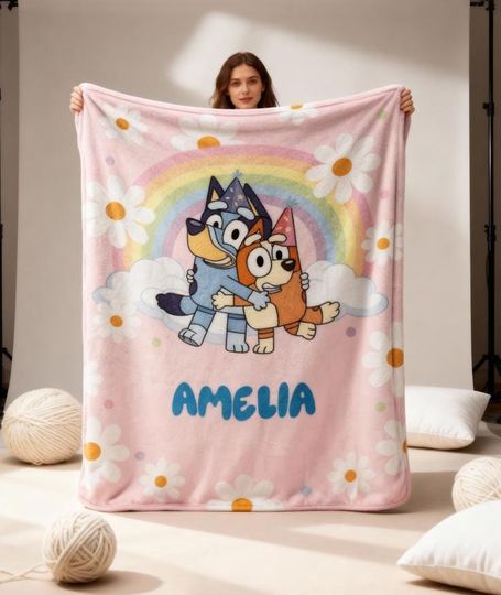 Discover Custom Name Blue Dog Blanket, Personalized Name Cartoon Blanket, Birthday Boy Girl Blanket, Blue Dog Love Gift, Baby Blanket