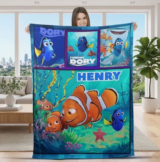 Discover Custom Name Fish Cartoon Blanket, Personalized Name Fish Movie Blanket, Baby Fish Funny Blanket, Fish And Friend Blanket