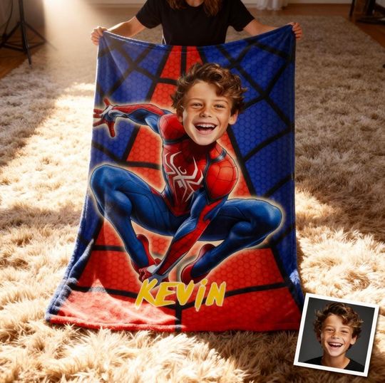 Discover Custom Superhero Photo Blanket, Personalized Name Fleece Blanket, Blanket From Photo Gift For Kids, Cartoon Blanket With Face, Hero Lovers