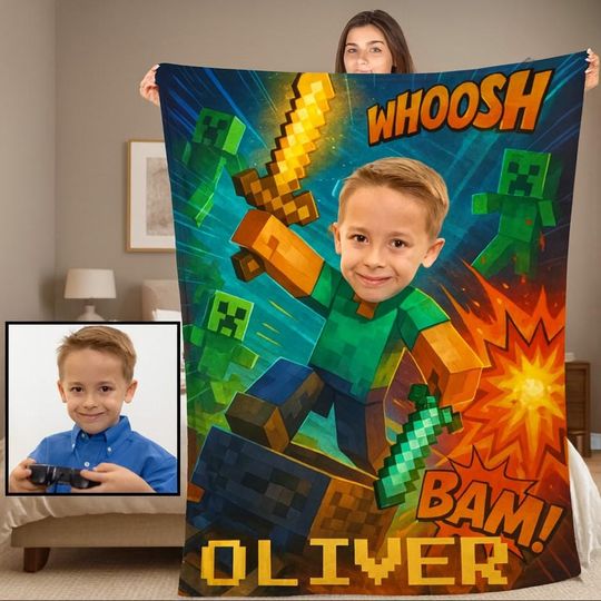 Discover Custom Face And Name Gamer Blanket, Personalized Name Cute Boy Blanket, Videogames Blanket Gift Birthday, Game Lover Gift For Kids