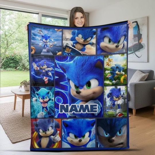 Discover Custom Name The Hedgehog Blue Blanket, Personalized Name Cartoon Hedgehog Blanket, Hedgehog Cartoon Blanket For Kids
