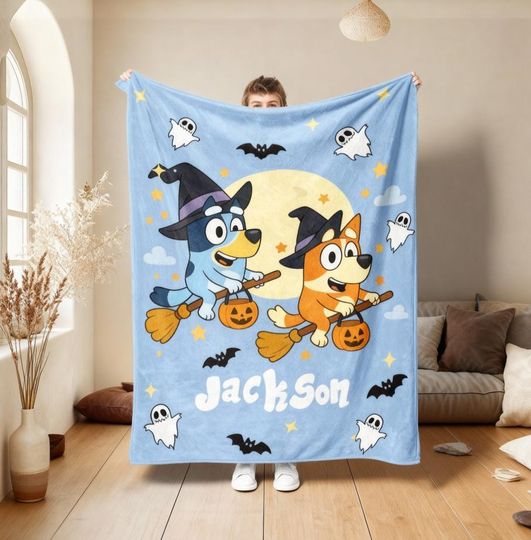 Discover Custom Name Halloween Blue Dog Blanket, Personalized Blue Dog Birthday Blanket, Family Halloween Blanket, Halloween Gift For Kids