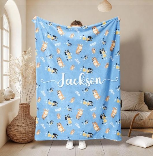 Discover Custom Name Blue Dog Family Blanket, Personalized Name Birthday Blanket, Name Cartoon Blanket For Kids, Soft Baby Blankets