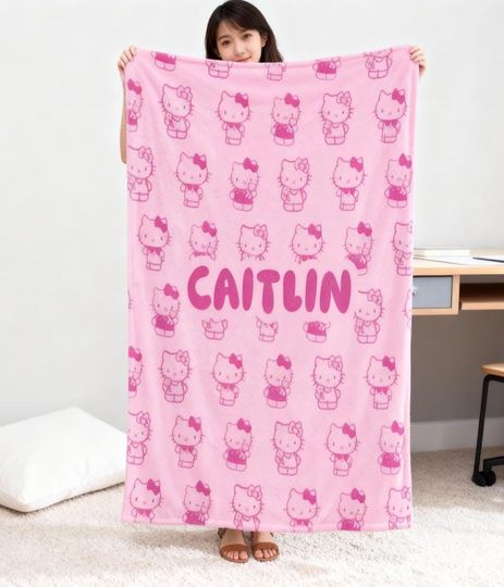 Discover Custom Name Cute Cat Blanket, Personalized Name Baby Girl Blanket, Birthday Boy Girl Blanket, Kids Baby Blanket Gifts