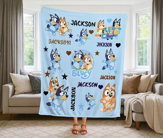 Discover Personalized Name Blue Dog Blanket, Custom Name Cartoon Blanket Blanket, Gift For Cartoon Lovers, Name Dog Blanket Gifts