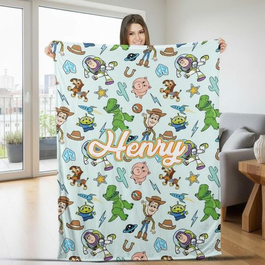 Discover Custom Name Kids Cartoon Blanket, Personalized Name Cartoon Birthday Blanket, Cartoon Characters Blanket, Kids Room Decor