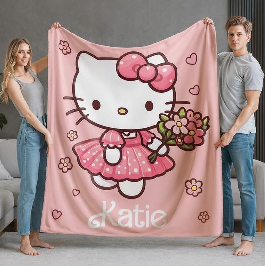 Discover Custom Name Cute Cat Flowers Blanket, Personalized Name Baby Girl Blanket, Pink Cat Blanket, Kids Baby Blanket Gifts, Baby Shower Gifts