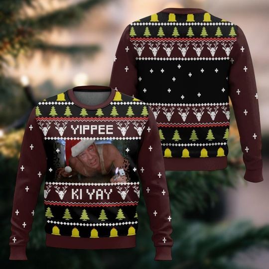 Retro Yippee Ki Yay Die Hard Ugly Christmas Sweater, Nakatomi Plaza Holiday Sweater, Bruce Willis Xmas Sweater For Men Women, Xmas Gift