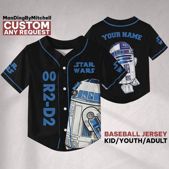Personalize Starwar R2-D2 Black Jersey Baseball, Custom Family Matching Shirts for Universe Gift for Star Wars Fans