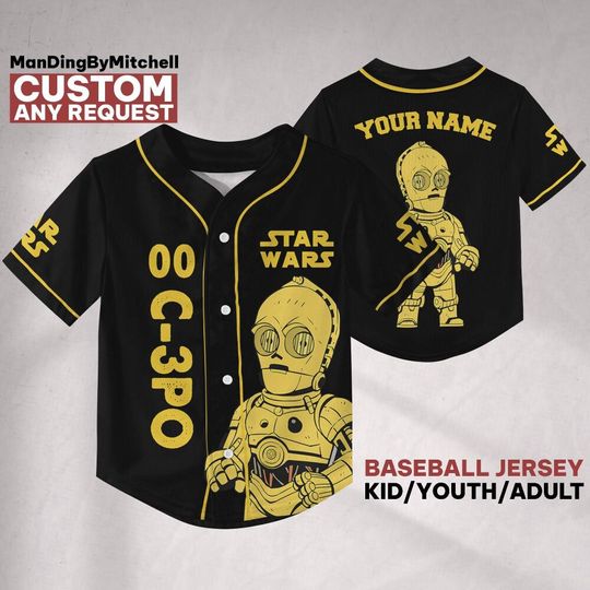 Discover Personalize Starwar C-3PO Black Jersey Baseball, Custom Family Matching Shirts for Universe Gift for Star Wars Fans