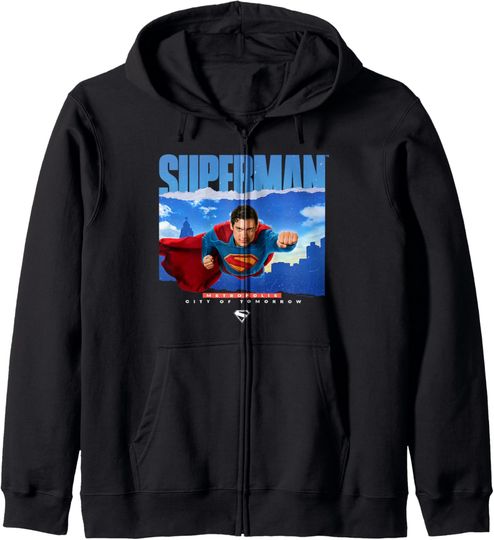 Discover Superman  Flying Over Metropolis Ripped Poster Zip Hoodie