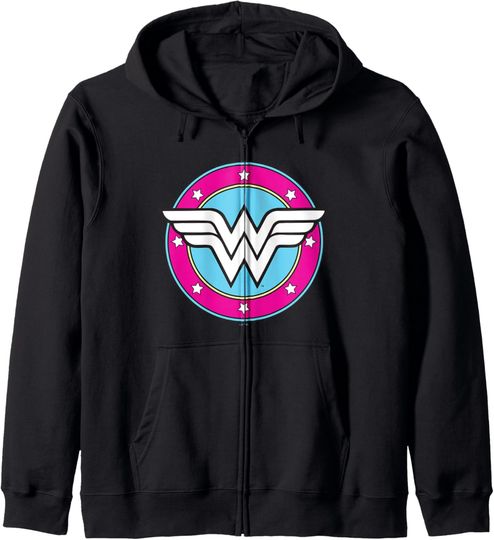 DC Comics Wonder Woman Classic Super Retro Pink Badge Zip Hoodie, Gift For Fans
