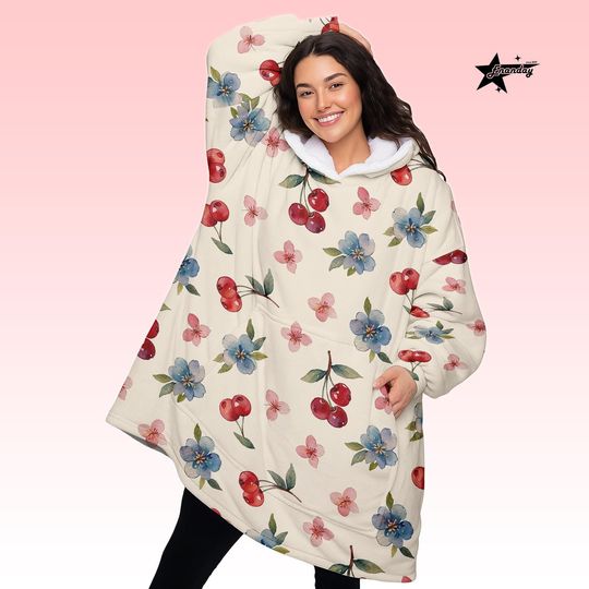 Cherry Blossom Hoodie Blanket, Oversized Wearable Blanket for Kids, Cozy Floral Sherpa Hoodie