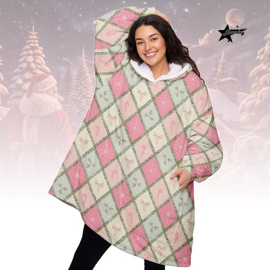 Discover Pink Green Christmas Hoodie Blanket, Candy Cane Argyle Oversized Wearable Blanket, Cozy Winter Sherpa Hooded Blanket