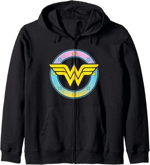 DC Comics Wonder Woman Rainbow Pastel Superhero Badge Zip Hoodie, Gift For Fans