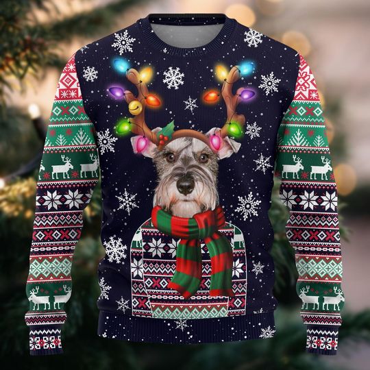 Discover Schnauzer Dog Christmas Ugly Sweater, Reindeer Hat Xmas Sweater, Cute Dog Holiday Sweater For Men Women, Pet Lovers Sweatshirt Gifts
