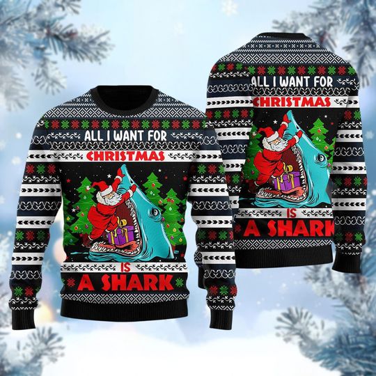 Shark Christmas Ugly Sweater, Funny Santa Holiday Sweater, Fishing Xmas Sweater, Ocean Lover Gift, Christmas Tree Lights Shirt
