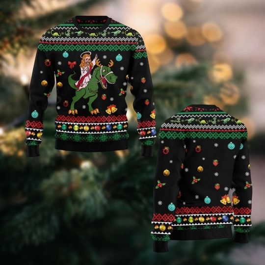 Discover Funny Jesus Riding Dinosaur Christmas Ugly Sweater, Hilarious Religious Holiday Sweater, Joy Christian Sweatshirt, Christmas Gifts Idea