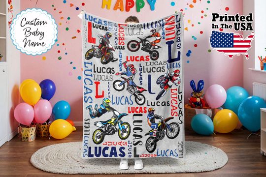 Personalized Dirt Bike Fleece Blanket, Motocross Custom Name Blanket, Baby and Kid's Motorcycle Monogram Blanket