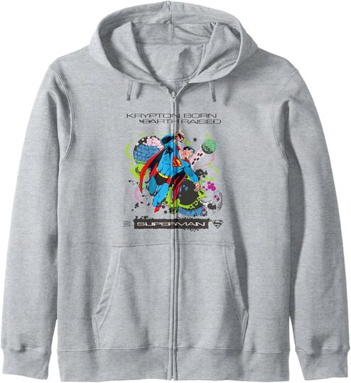 DC Comics Superman Krypton Born Earth Raised Retro Zip Hoodie, Gift For Fans