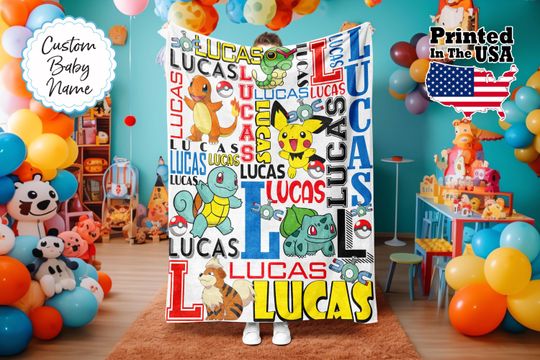 Discover Personalized Pocket Monster Fleece Blanket, Cartoon Custom Baby Blanket, Monogram Name Gift