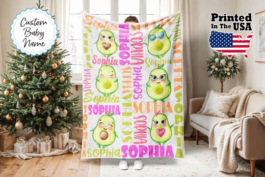 Custom Cute Avocado Fleece Blanket, Personalized Name & Monogram Baby Blanket, Christmas & Birthday Gift