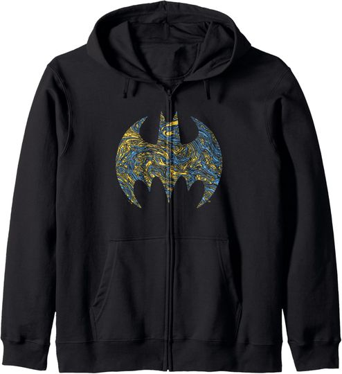 DC Comics Batman Starry Night Pattern Bat-Symbol Chest Logo Zip Hoodie, Gift For Fans