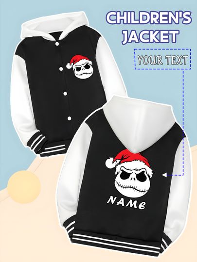 Discover MINISO Disney Nightmare Before Christmas themed children's baseball jacket - with a Santa hat and skull image, personalized and