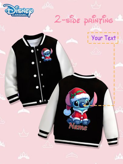 Discover MINISO Disney Stitch Christmas Kids Baseball Jacket - Stitch's Christmas outfit is displayed on both sides, with colorful and fe