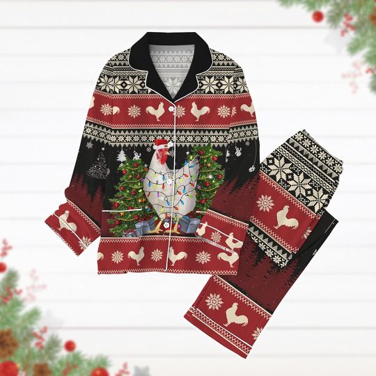 Christmas Chickens Pajamas Set, Farmer Holiday Pajamas, Santa Chickens Shirt, Long Sleeve Pyjamas, Chicken Mom Gift,Womens Pajamas
