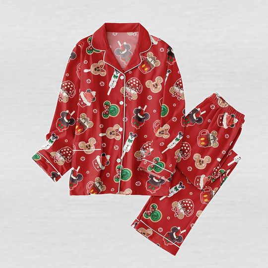Discover Christmas Mickey Mouse Pajamas Set, Gingerbread Candies Holiday Pajamas, Disney Merry Christmas Loungewear, Mickey Head Xmas Sleepwear