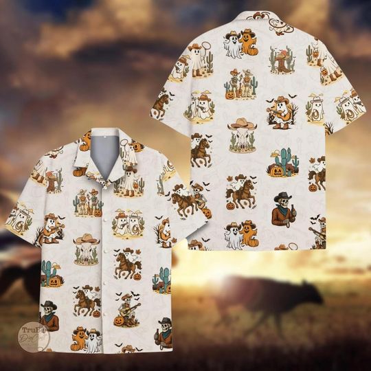 Discover Western Spooky Hawaii Shirt, Howdy Ghost Aloha Shirt, Western Style Spooky Cowboy Shirt, Skeleton Halloween Party Shirt