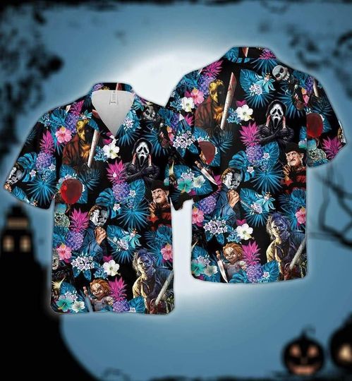 Discover Halloween Horror Hawaiian Shirt, Scary Costume Aloha Shirt, Colorful Tropical Outfit, Spooky Party Beach Shirt Unisex