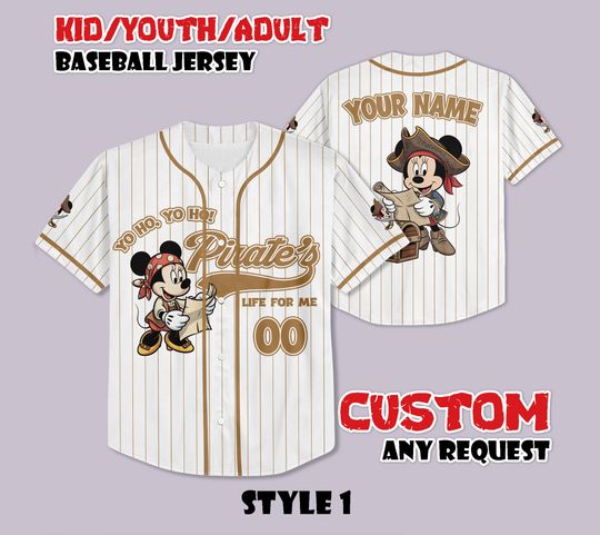 Discover Custom Pirate Minniee Mouse Baseball Jersey, Disney Cruise Shirt, Personalized Minnie Pirate Jersey, Yo Ho Yo Ho A Pirate's Life For Me Shirt