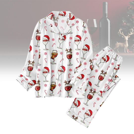 Wine Glass Christmas Pajamas Set, Drinking Christmas Family Pajamas, Santa Hat Holiday Pajamas, Wine Love Sleepwear, Christmas Idea