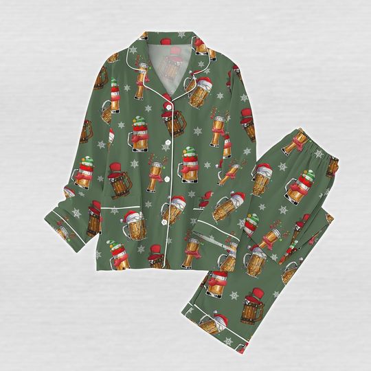Discover Christmas Santa Beer Pajamas Set, Reindeer Santa Hat Holiday Pajamas, Drinking Beer Party Women Pajamas, Matching Family Set