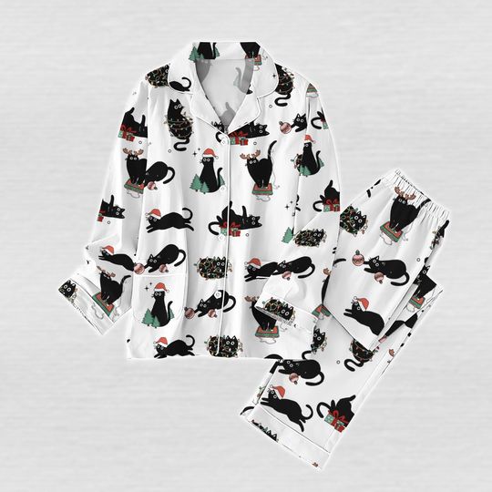 Black Cat Christmas Pajamas Set, Cute Cat Xmas Family Matching Pajamas, Animals Holiday Pajamas, Funny Cats Pjs, Xmas Gift For Cat Love