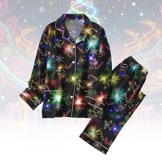 Discover Christmas Bright Neon Lighting Pajamas Set, Xmas Bear Holiday Pajamas, Xmas Light Women Pajamas, Merry Christmas Loungewear, Xmas Gifts